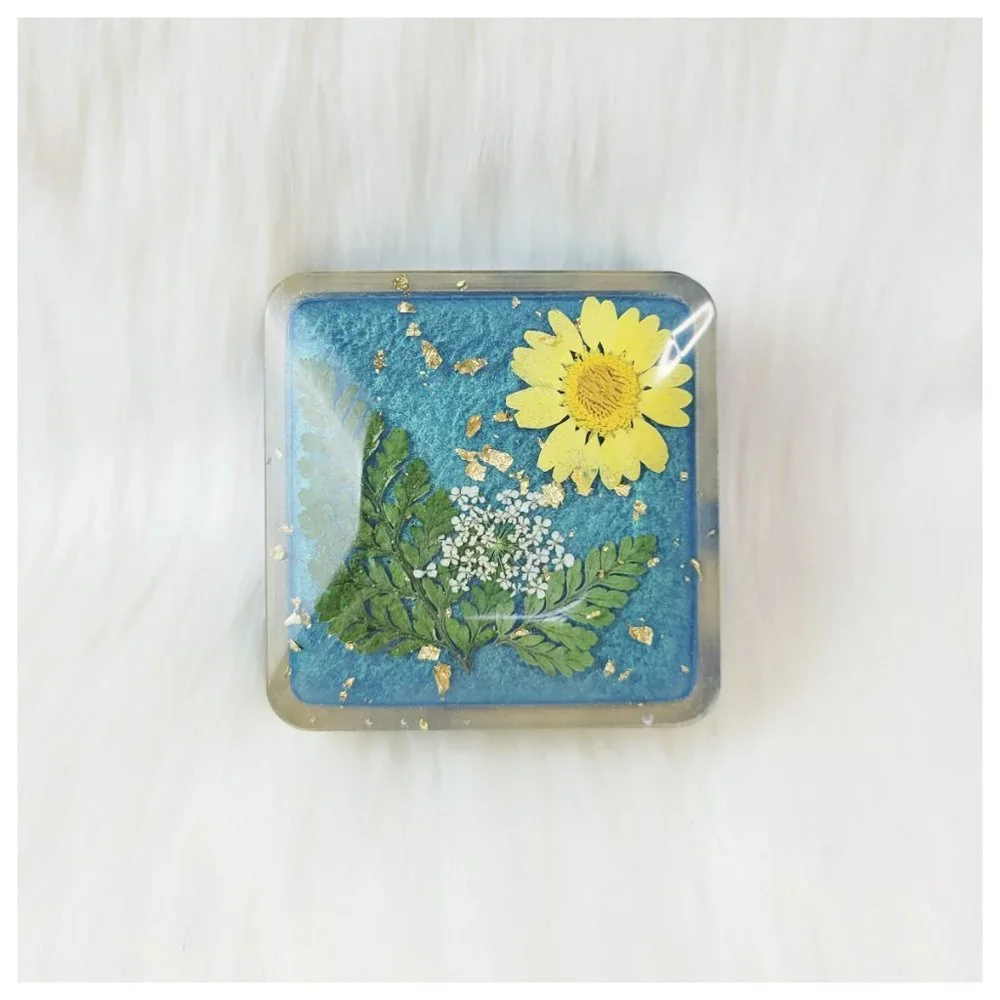 Floral Trinket Box Small Square Jewelry Box Stash Box Teal Blue Yellow Green